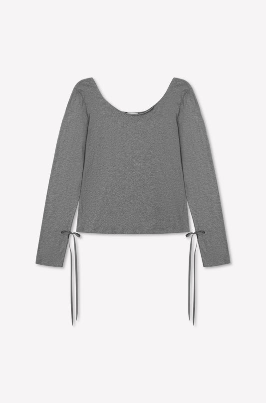 The Cuff Tie Top - Grey by Deiji Studios is a gray long-sleeve top with a scoop neckline and adjustable side ties at the waist, shown flat on a white background.