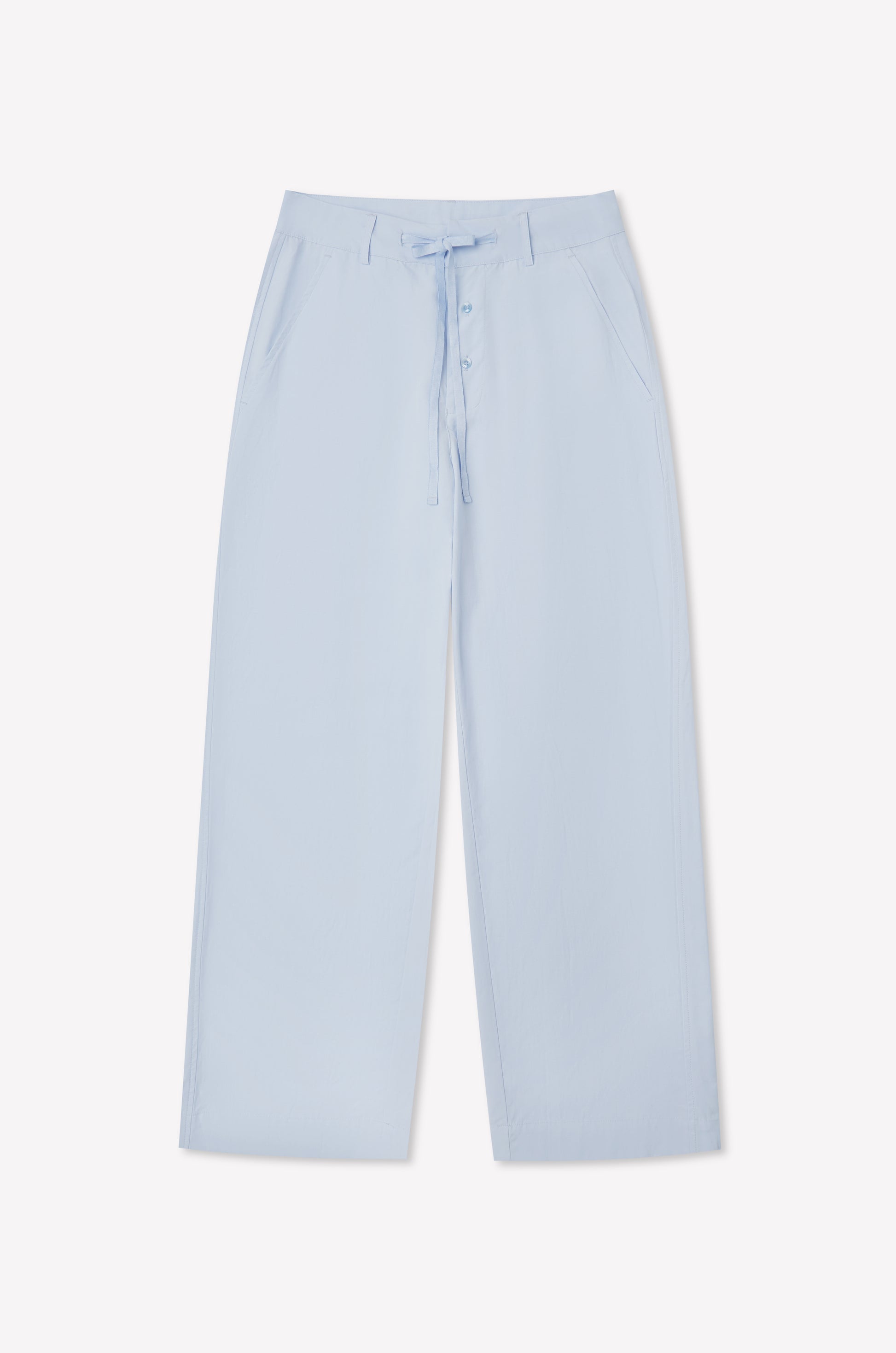 Powder blue Panel Leg Pant by Deiji Studios featuring a wide-leg silhouette, drawstring waist, front button closure, and side pockets, shown laid flat on a white background.