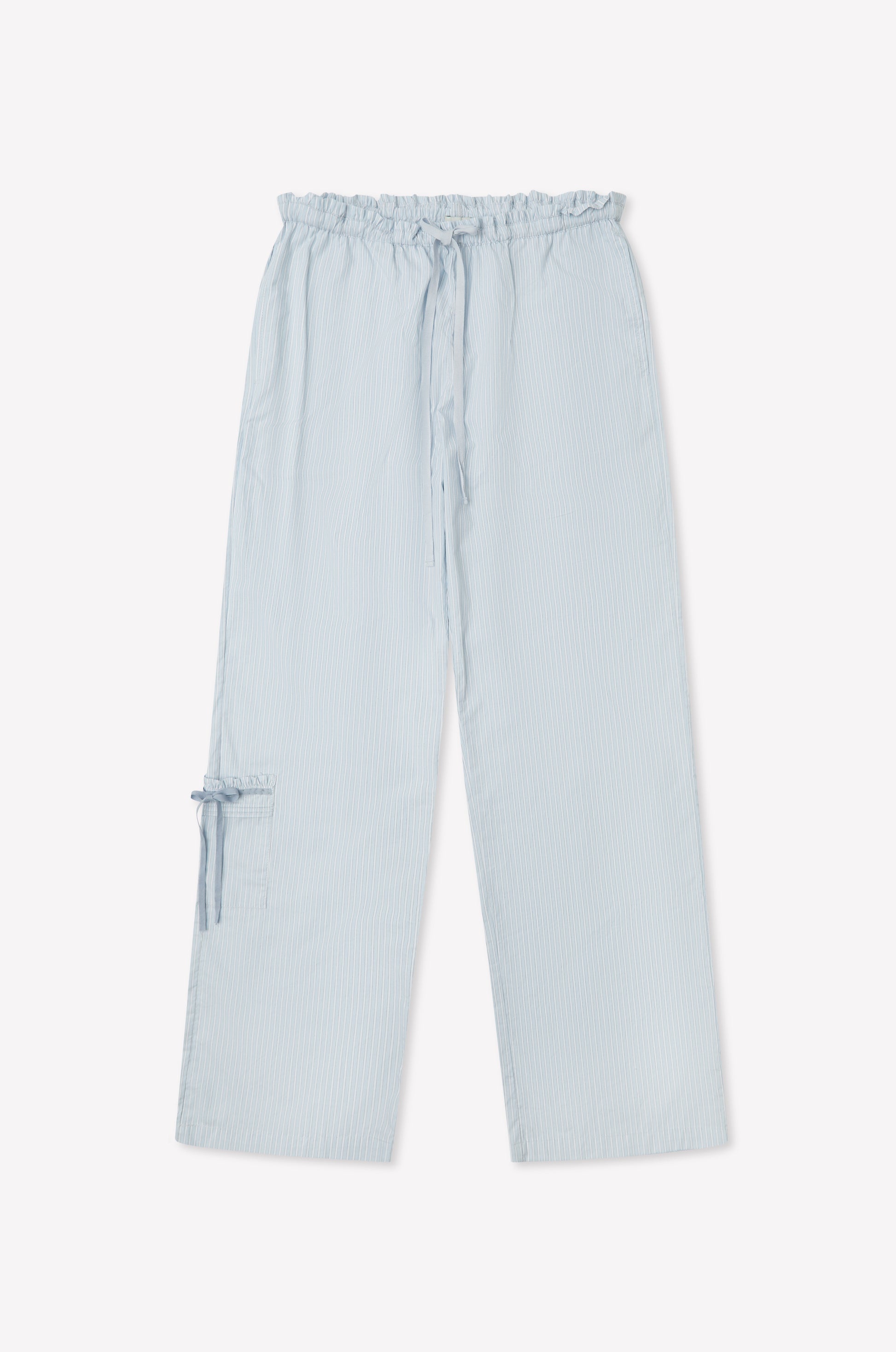 The Pintuck Collar Set - Mist Stripe features light blue wide-leg pants with a drawstring waist, ruffled top edge, a large side pocket with tie detail on the left leg, and a subtle textured pattern that pairs well with cotton poplin.