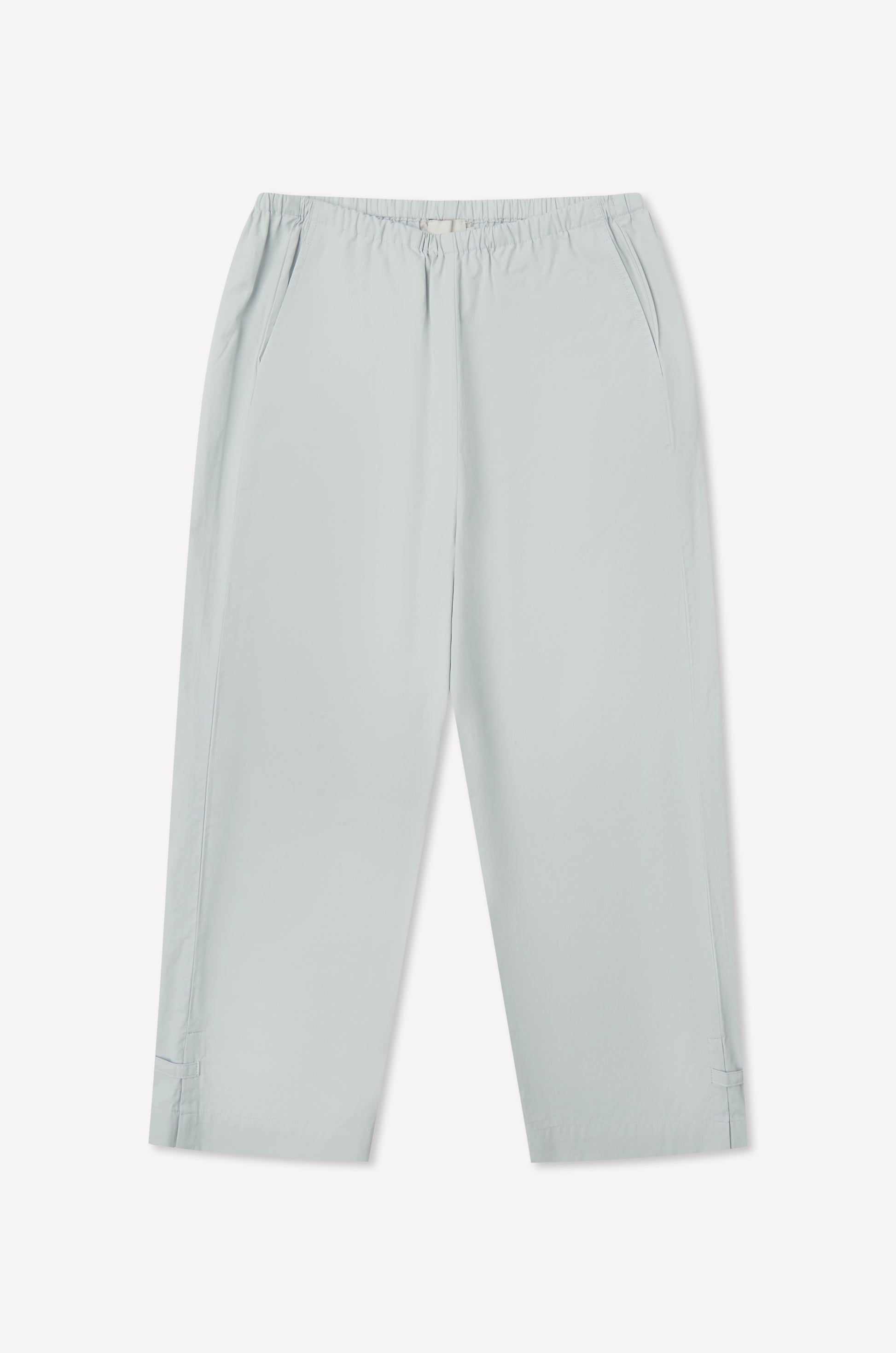Baby blue Capri Pant featuring a relaxed cropped fit, elasticated waistband, side pockets, and subtle seam details at the hem, laid flat on a white background.