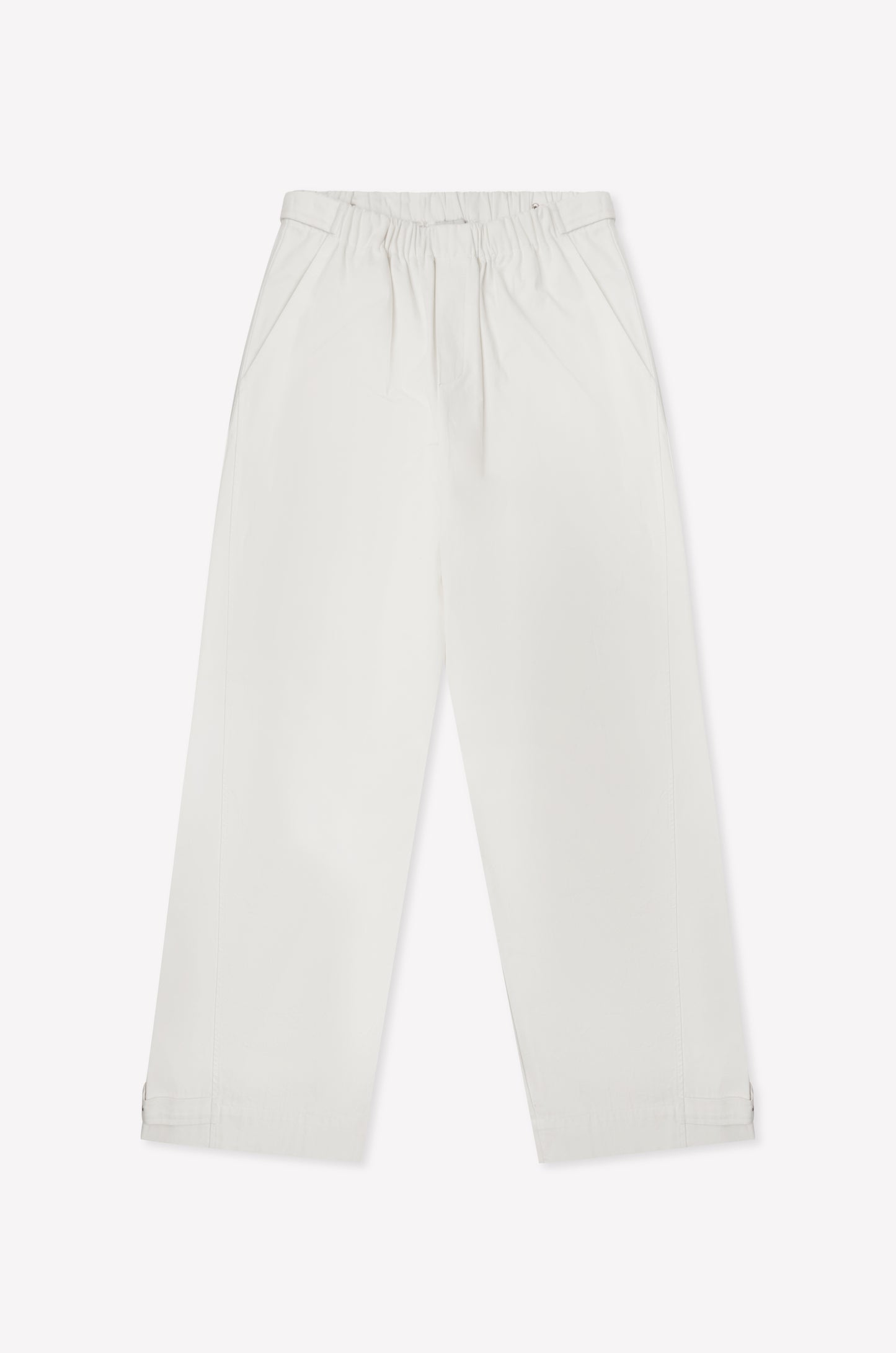 The Snap Tab Pant - White features a loose, wide-leg fit with an elastic waistband and side pockets, shown flat on a white background.