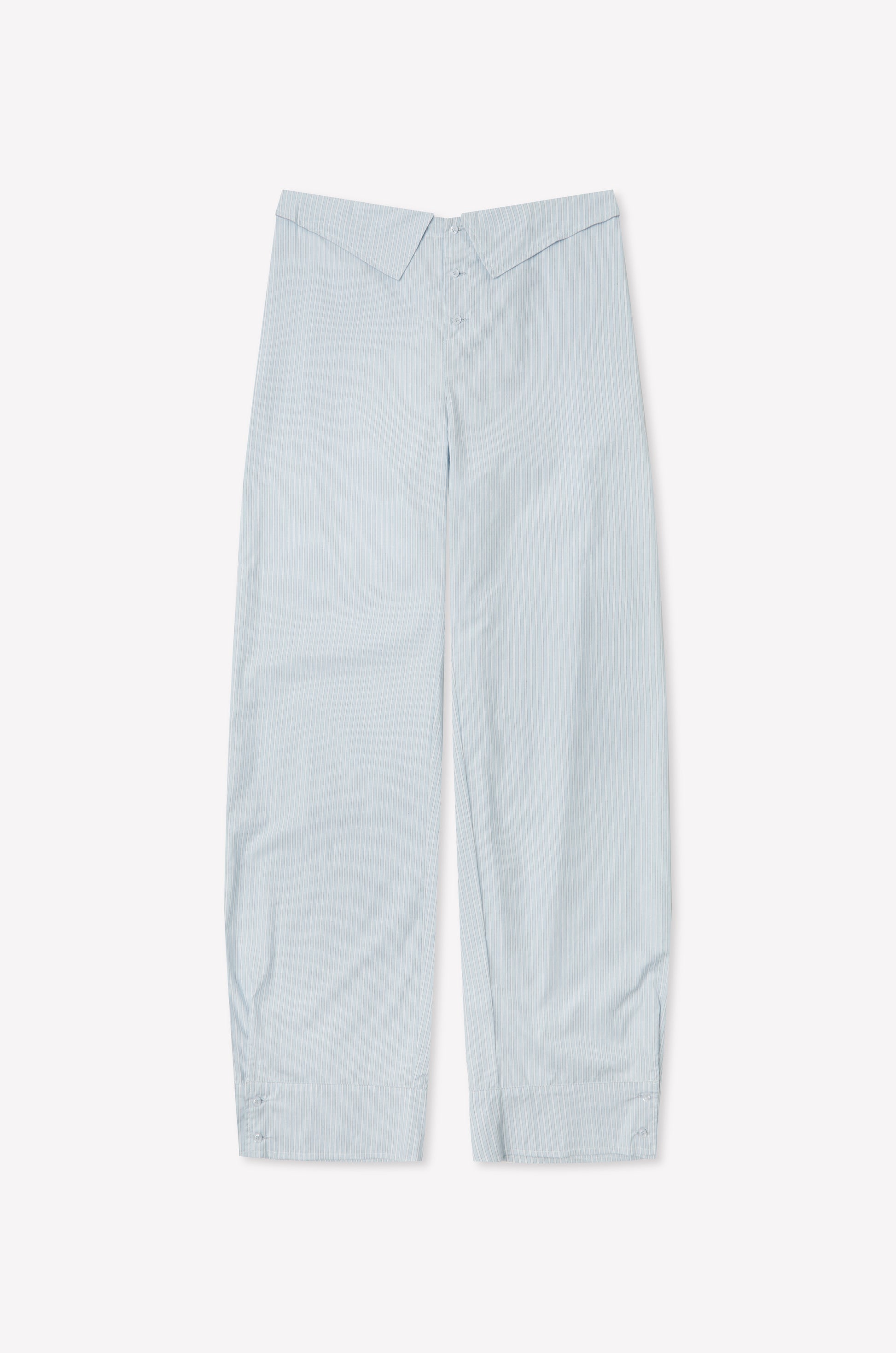 The Collar Point Pant - Mist Stripe features light blue and white pinstripes, a high waist, and an easy-leg silhouette. Made from lightweight cotton poplin for all-day comfort, shown laid flat on a white background.