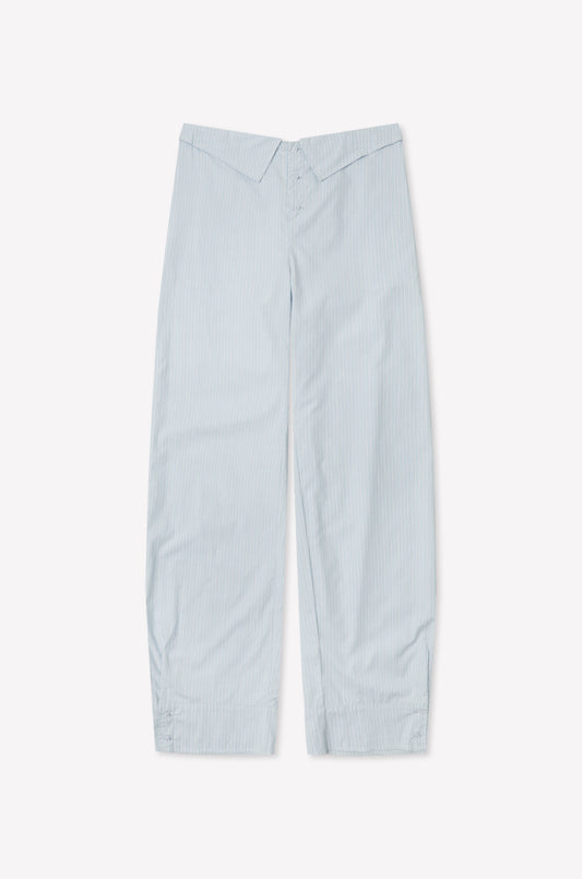 The Collar Point Pant - Mist Stripe features light blue and white pinstripes, a high waist, and an easy-leg silhouette. Made from lightweight cotton poplin for all-day comfort, shown laid flat on a white background.
