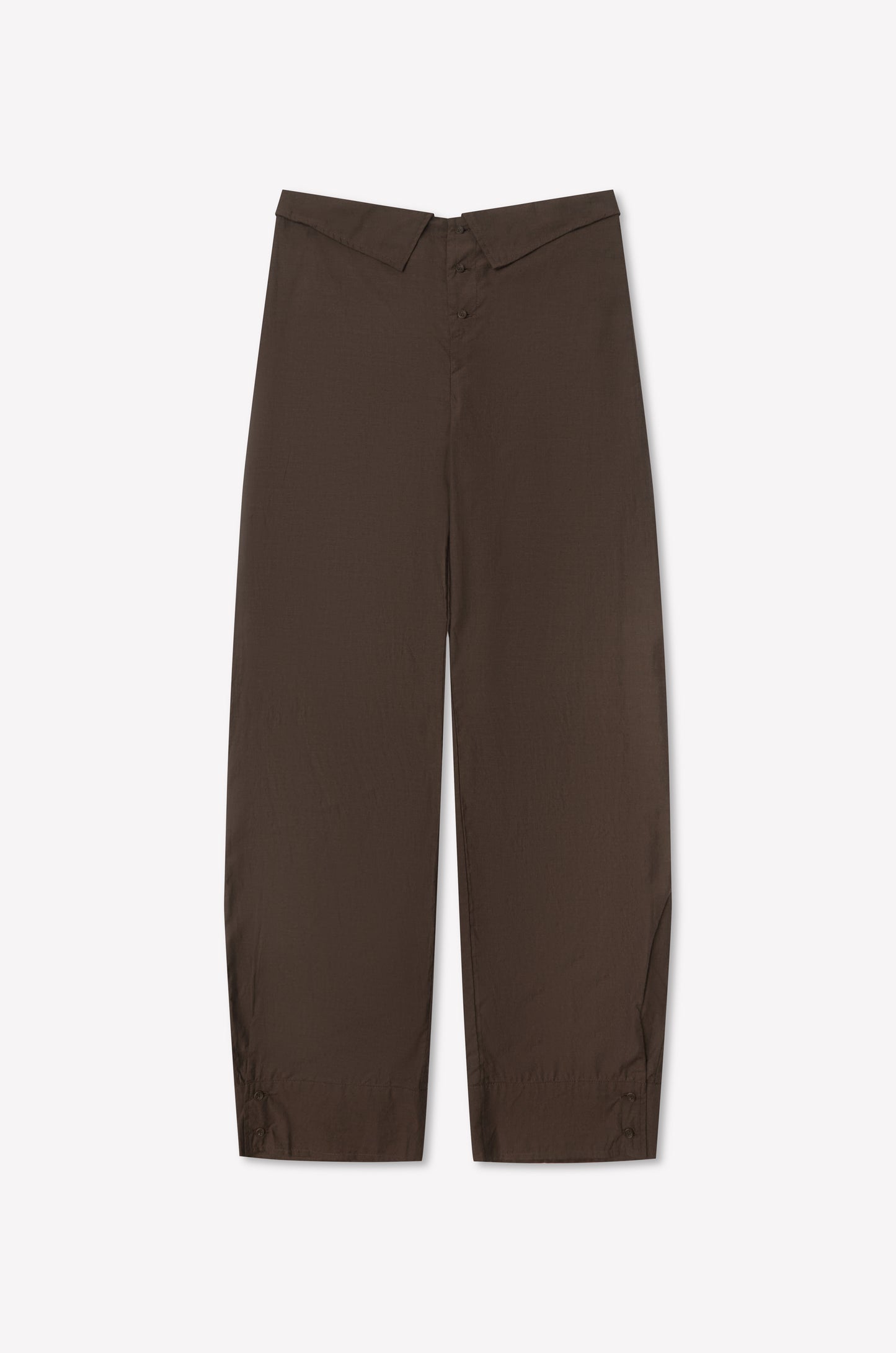 The Collar Point Pant - Toast from Deiji Studios features brown wide legs, a high waist, front button and zipper closure, and subtle ankle seam detailing—shown laid flat on a white background.