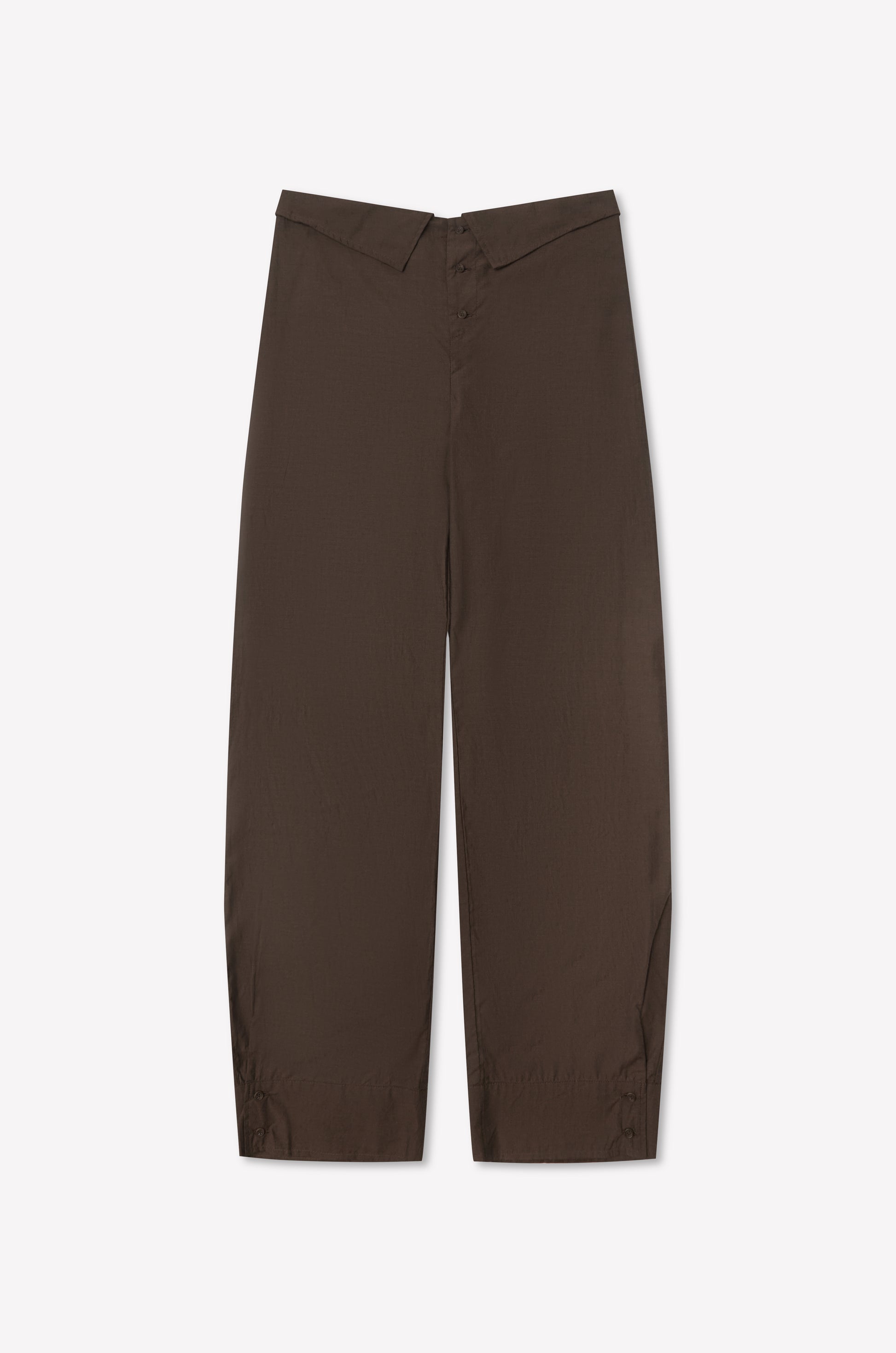 The Collar Point Pant - Toast from Deiji Studios features brown wide legs, a high waist, front button and zipper closure, and subtle ankle seam detailing—shown laid flat on a white background.