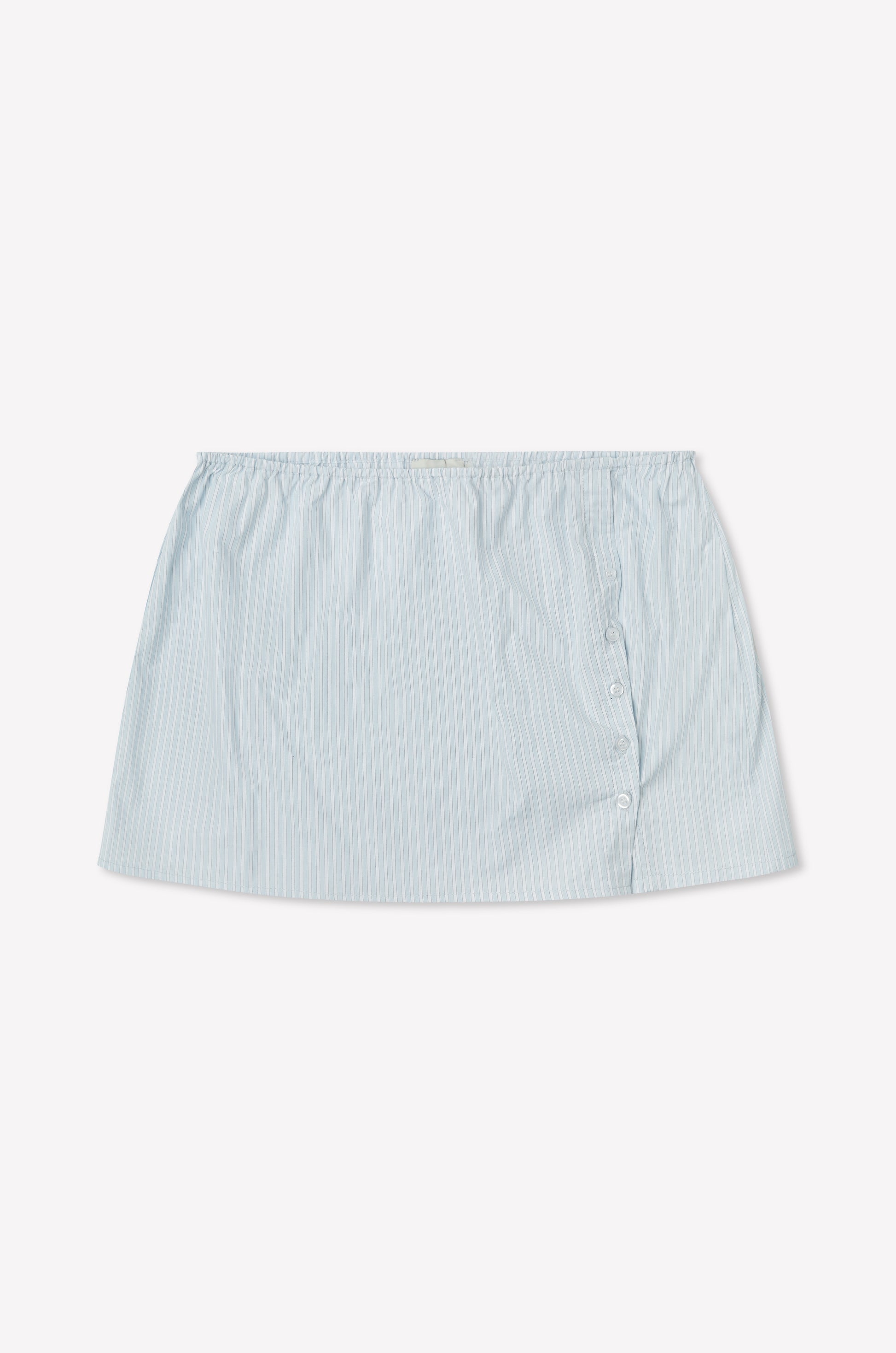The Pleat Split Skirt - Mist Stripe is a light blue cotton poplin mini skirt with pinstripes, an elastic waistband, and three side buttons, shown on a white background. Inspired by Deiji Studios.