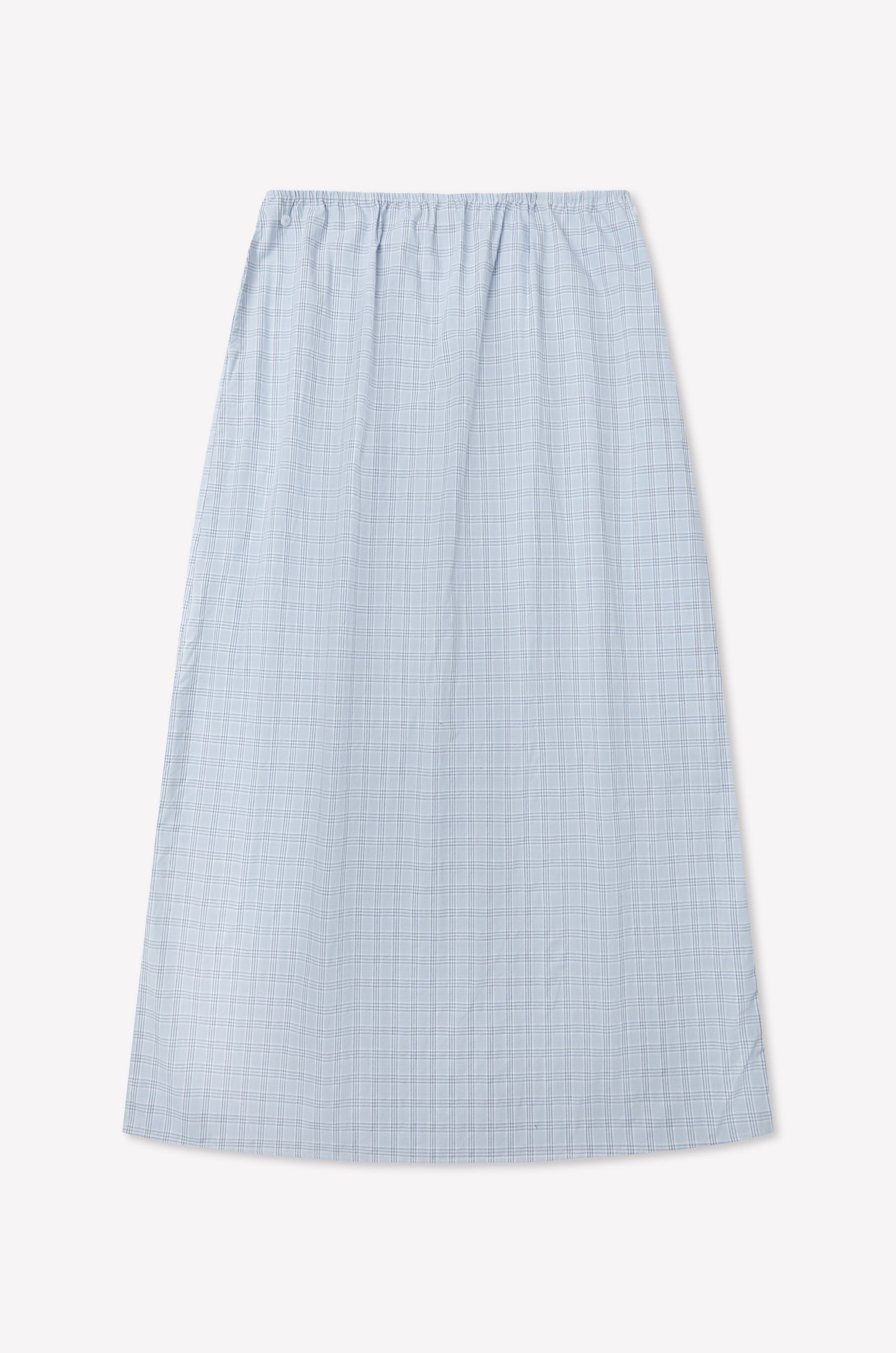 The Way Skirt - Powder Check is an ankle-length, light blue organic cotton skirt with a subtle check pattern and elastic waistband, shown flat on a white background, inspired by Deiji Studios' effortless style.
