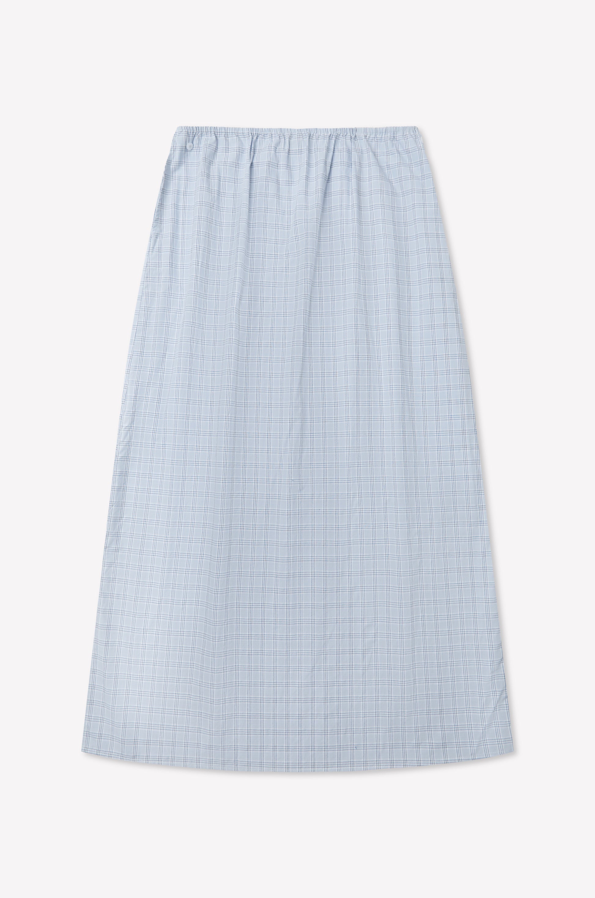 The Way Skirt - Powder Check is an ankle-length, light blue organic cotton skirt with a subtle check pattern and elastic waistband, shown flat on a white background, inspired by Deiji Studios' effortless style.