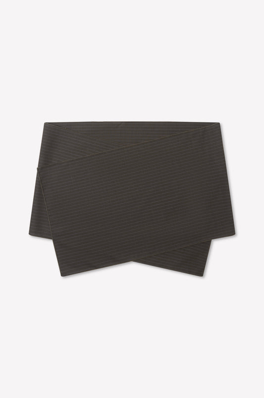 The Pure Wool Belt - Charcoal Stripe is neatly folded, showcasing its dark gray color and subtle striped pattern, set against a plain white background.