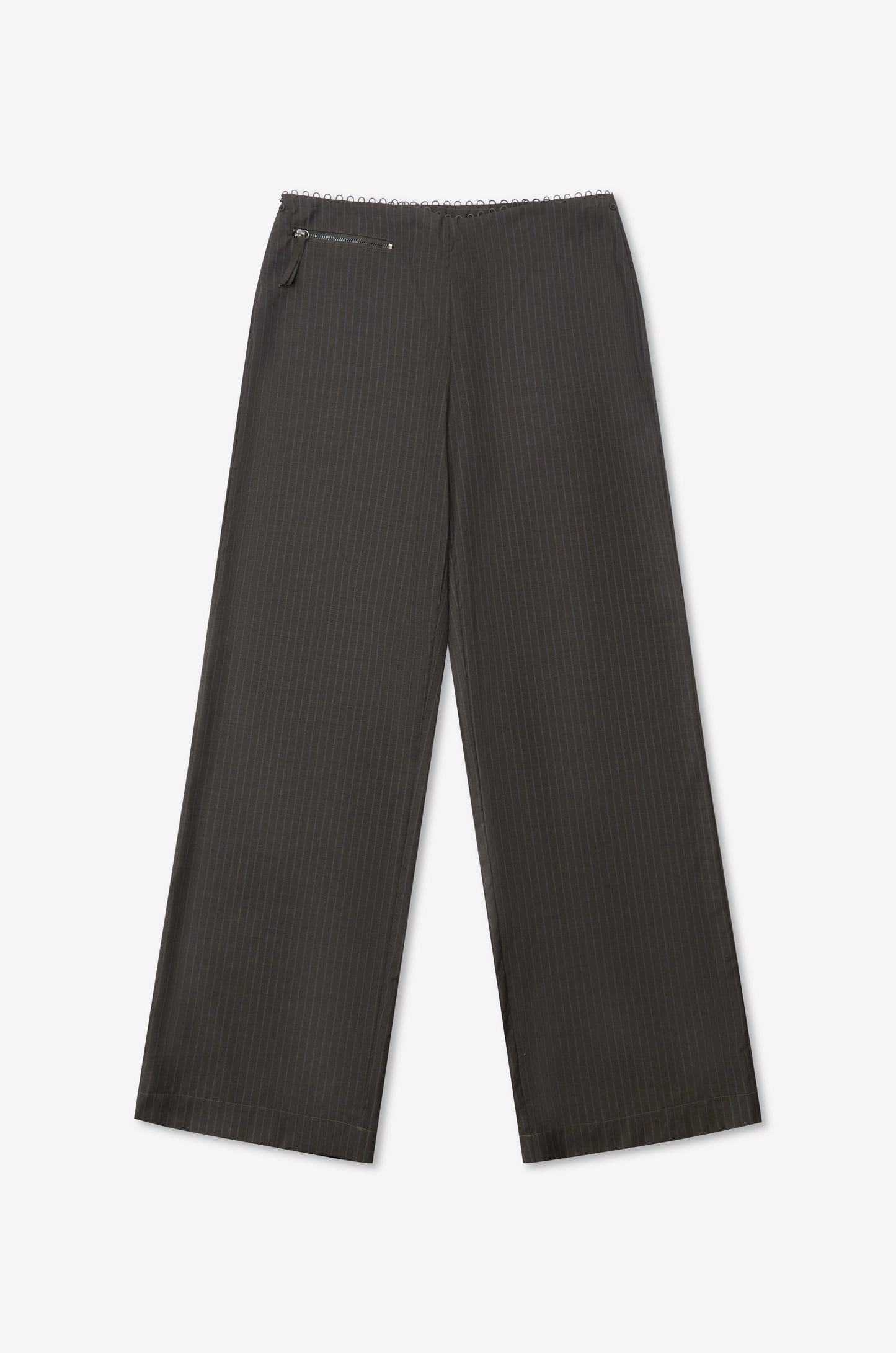The Pure Wool Zip Pant - Charcoal Stripe features a high-waisted, wide-leg fit in pure wool with a subtle stripe, zipper and button closure, and a small zip pocket on the left side. Shown laid flat on a white background.
