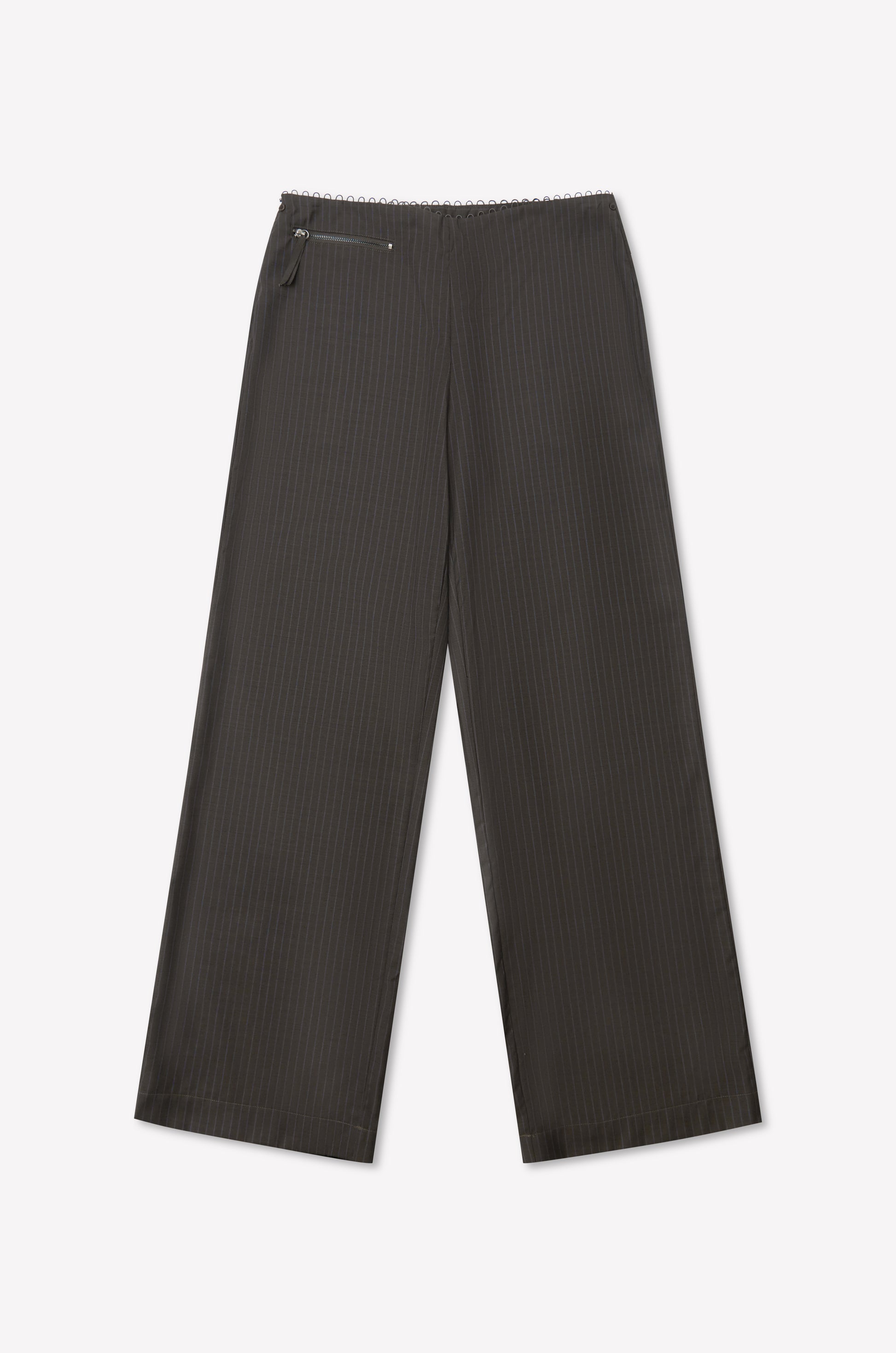 The Pure Wool Zip Pant - Charcoal Stripe features a high-waisted, wide-leg fit in pure wool with a subtle stripe, zipper and button closure, and a small zip pocket on the left side. Shown laid flat on a white background.