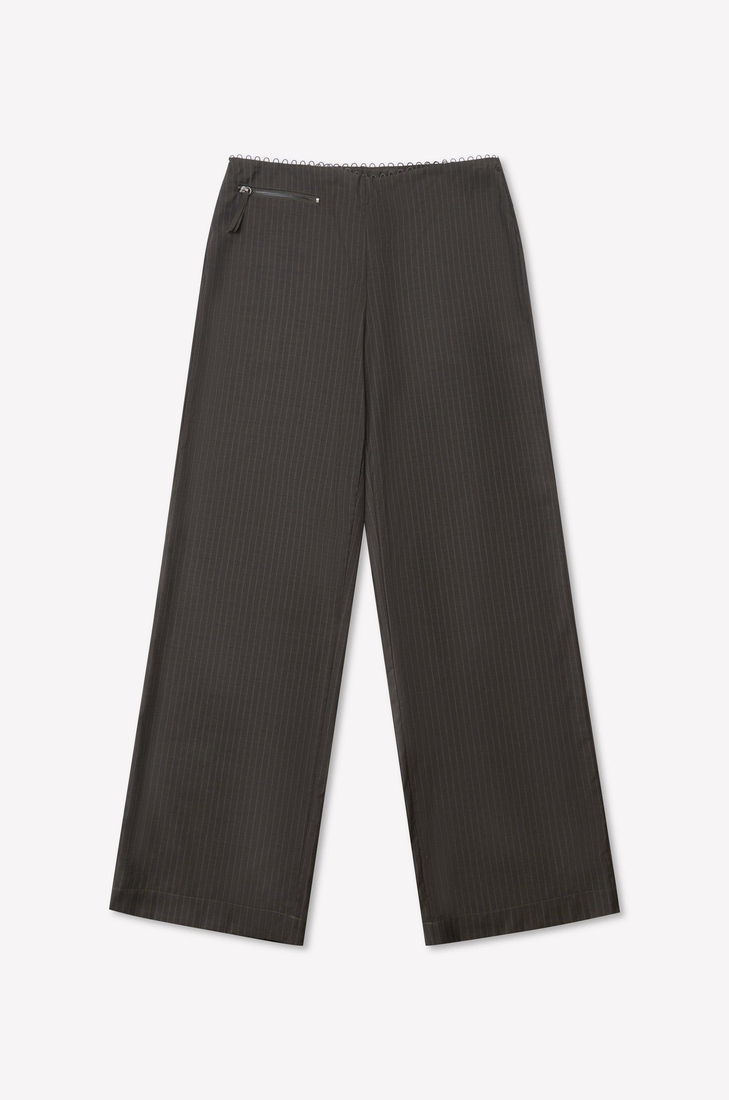Pure Wool Zip Pant - Charcoal Stripe by Deiji Studios, featuring subtle vertical pinstripes, relaxed wide leg, elastic waistband, and a small side zipper pocket, displayed flat on a white background.
