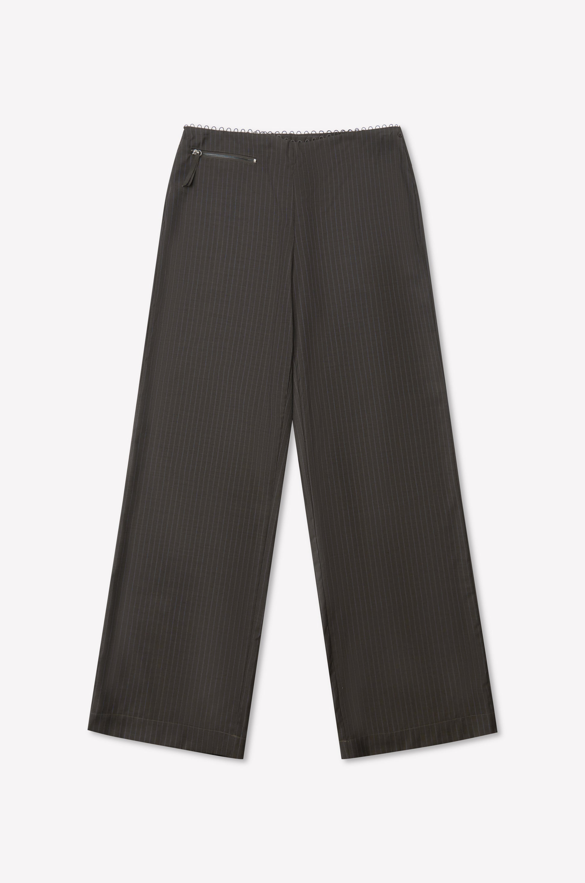 Pure Wool Zip Pant - Charcoal Stripe by Deiji Studios, featuring subtle vertical pinstripes, relaxed wide leg, elastic waistband, and a small side zipper pocket, displayed flat on a white background.