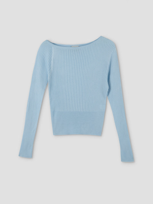 The Shoulder Knit Top - Blue features a light blue ribbed knit, long sleeves, wide boat neckline, and fitted waist. Laid flat on a white background, this piece is inspired by Deiji Studios’ minimalist style.