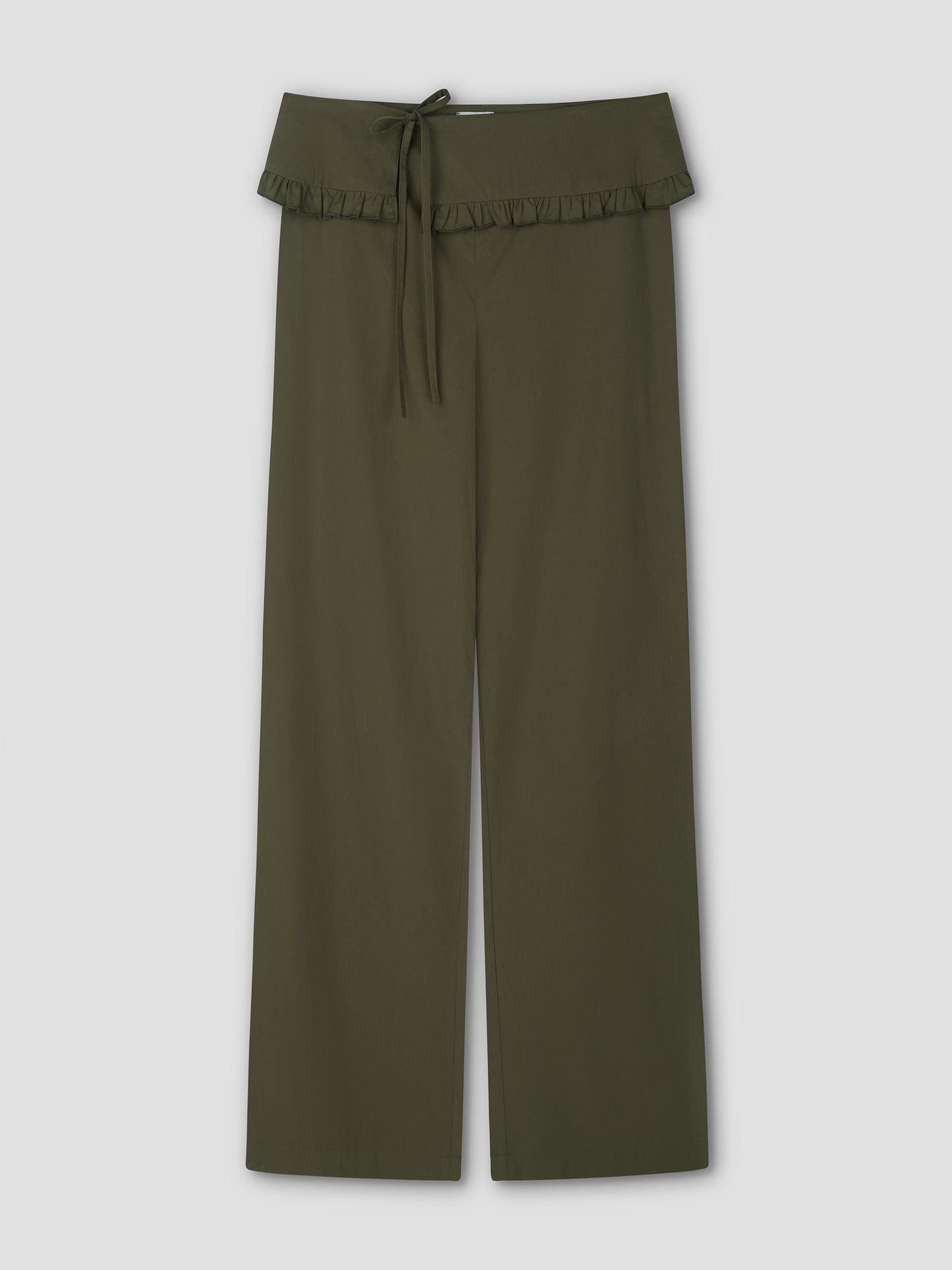 The Flounce Belt Pant - Khaki features a wide-leg, high ruffled waistband with a matching tie belt. Inspired by Deiji Studios, it offers a relaxed fit and seamless design with no visible pockets or fastenings.