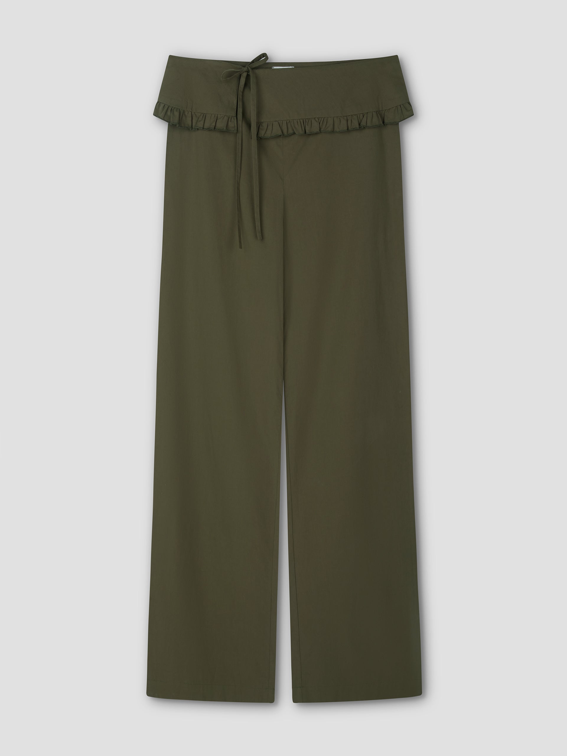 The Flounce Belt Pant - Khaki features a wide-leg, high ruffled waistband with a matching tie belt. Inspired by Deiji Studios, it offers a relaxed fit and seamless design with no visible pockets or fastenings.