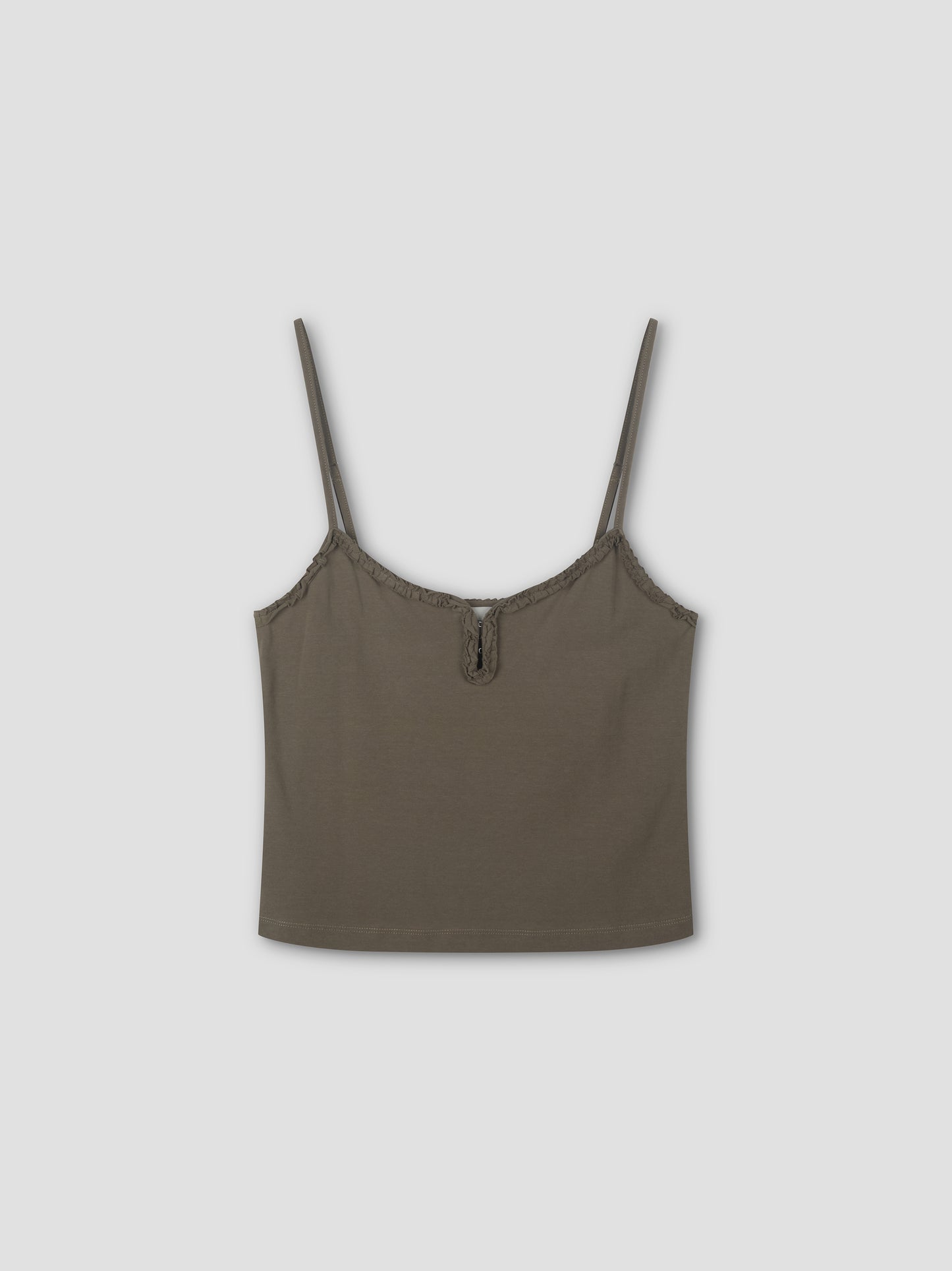 The Clasp Singlet - Khaki by Deiji Studios features delicate spaghetti straps and a small bow at the front center, shown laid flat on a light grey background.