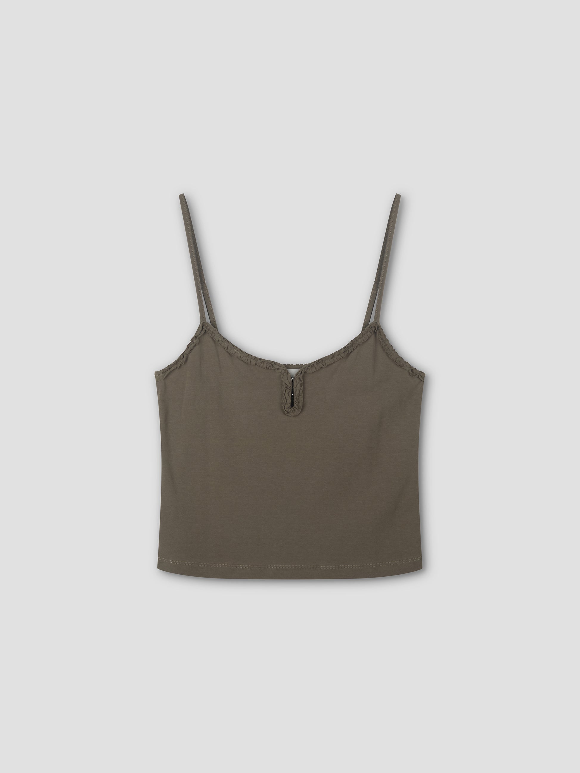 The Clasp Singlet - Khaki by Deiji Studios features delicate spaghetti straps and a small bow at the front center, shown laid flat on a light grey background.
