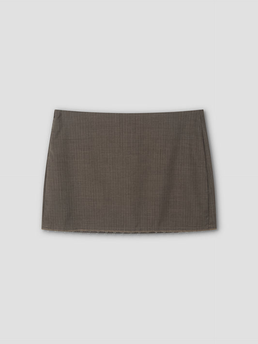 A mini-length Eye Skirt with grey and pink stripes, featuring a straight cut, shown against a light gray background.