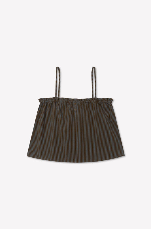 Frill Placket Top - Brown Blue Stripe