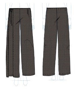Two technical sketches of the Double Layer Pant, featuring a wide-leg, high-waisted silhouette in a dark grid pattern. The front showcases a wrap tie detail at the waist; the back view is simple, with no visible pockets.