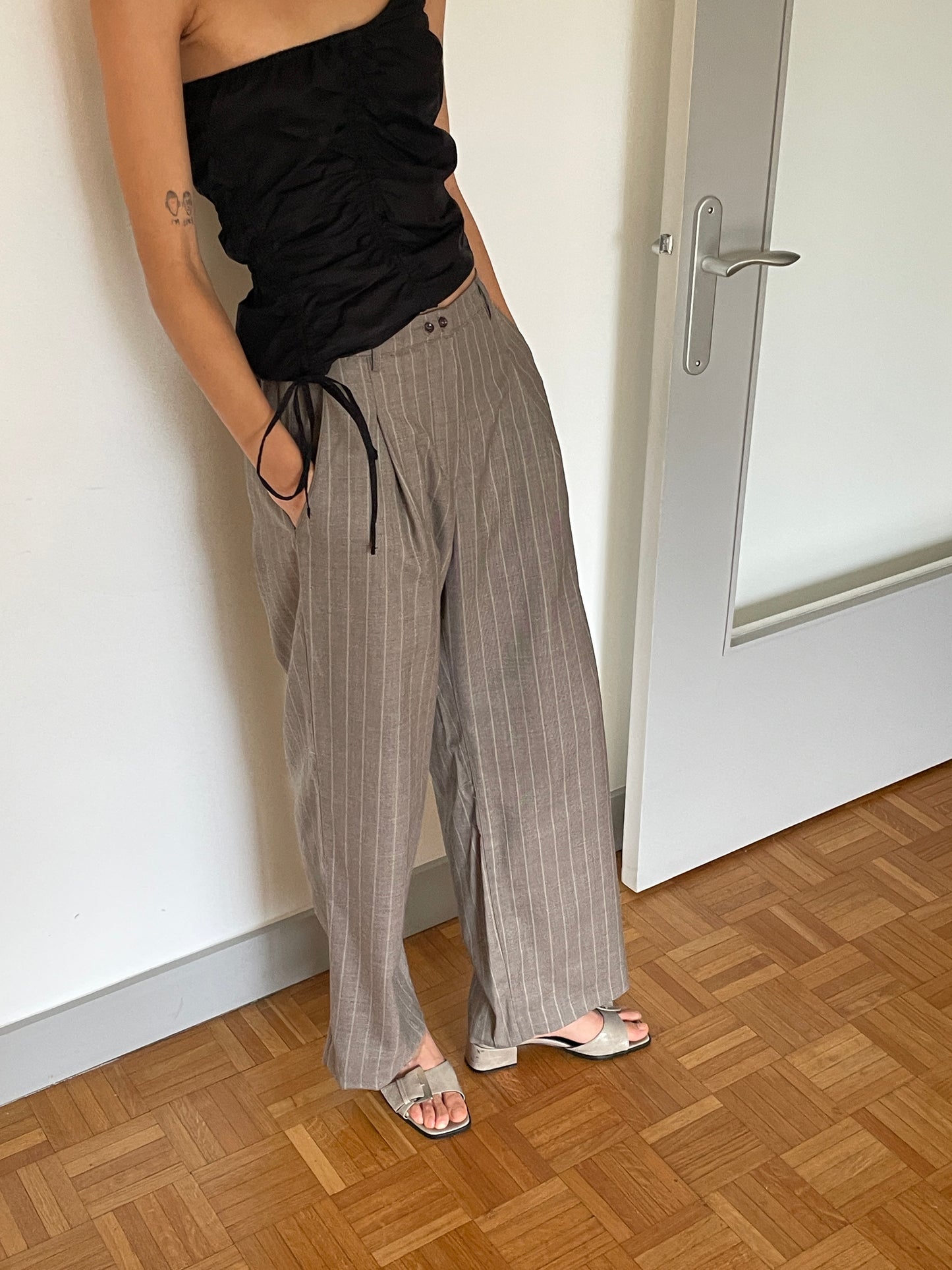 Twin Button Pant - Pinstripe Bark