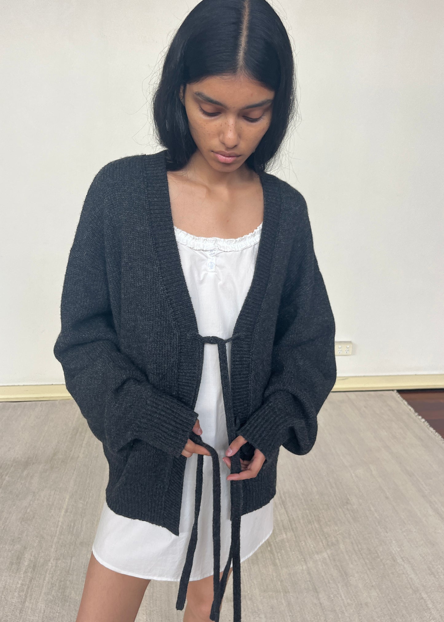 Two Tie Front Cardigan - Charcoal