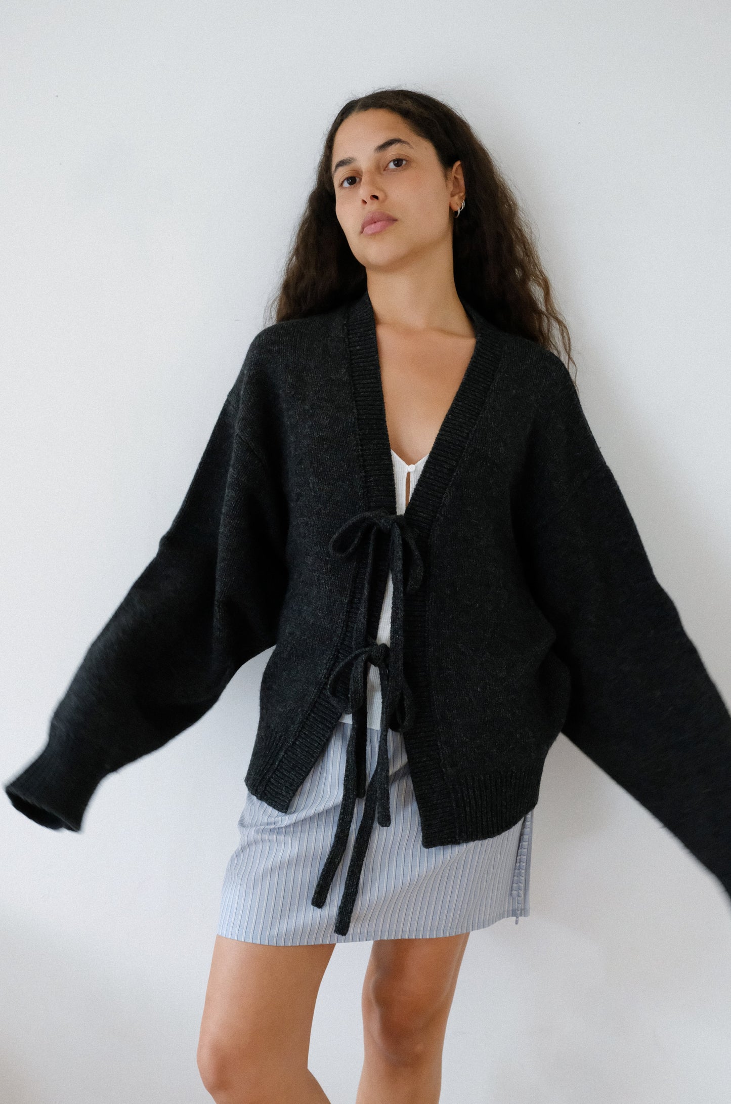 Two Tie Front Cardigan - Charcoal