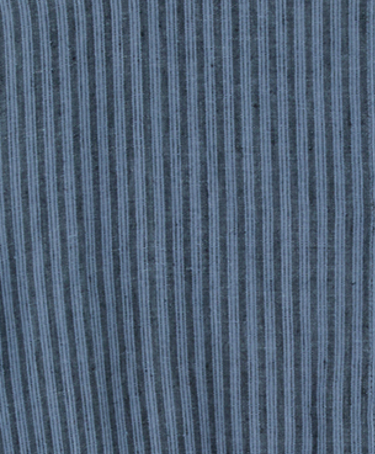 Close-up of the Linen Ease Trouser - Azure Stripe by Deiji Studios, featuring a textured blue fabric with vertical azure stripes—ideal for a relaxed and elegant look.