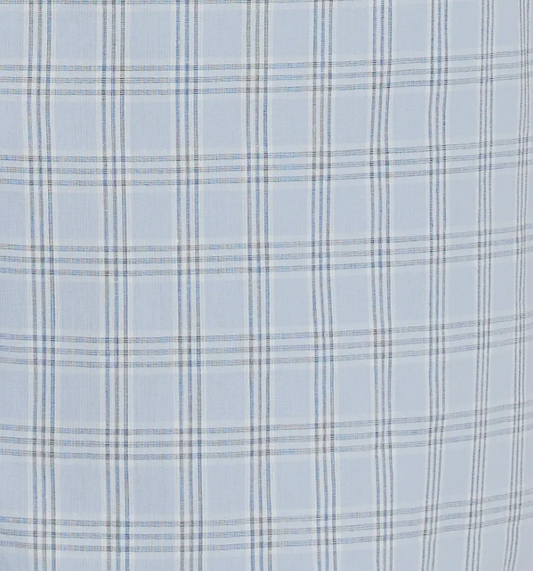 The Buttoned Mini Dress - Powder Check features a light blue and white plaid fabric accented by fine dark blue and gray lines forming an evenly spaced grid pattern. This timeless design, inspired by Deiji Studios' signature effortless chic, makes it a perfect choice for a classic shift dress.