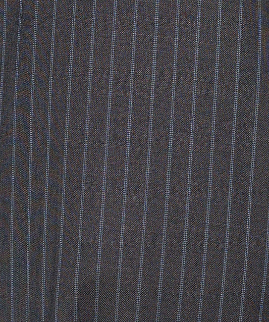 Close-up of dark gray fabric featuring thin, evenly spaced vertical white pinstripes. The visible texture suggests it is the Pure Wool Zip Pant - Charcoal Stripe, a relaxed leg wool pant ideal for sophisticated formal wear.