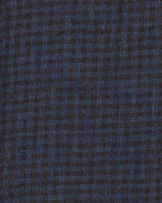 The Double Layered Jacket - Slate Check features a dark blue and black plaid pattern with a subtle woven grid, reminiscent of French linen, offering a soft, textile-inspired look.