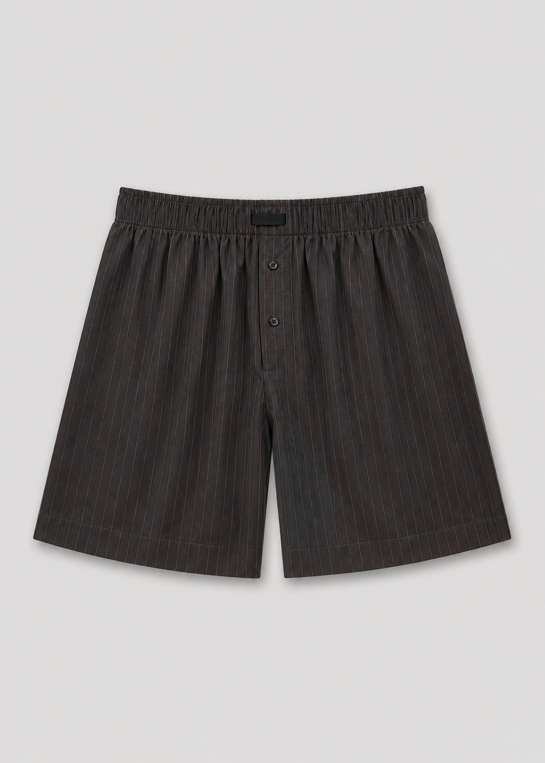 The Wool Boxer Short - Charcoal Stripe by Deiji Studios features an elastic waistband and two front buttons, shown on a light gray background.