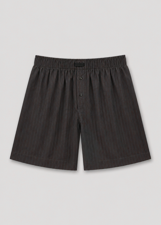The Wool Boxer Short - Charcoal Stripe by Deiji Studios features an elastic waistband and two front buttons, shown on a light gray background.