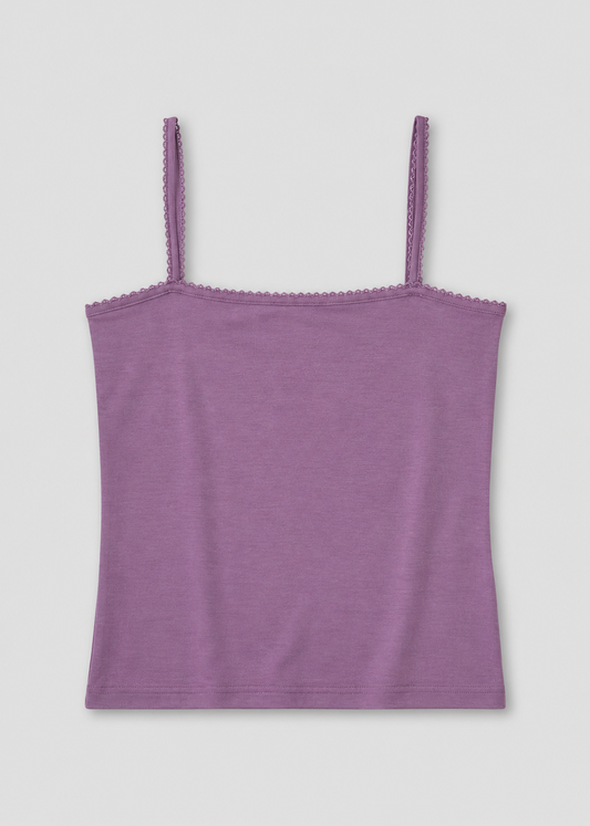The Scallop Tank - Berry is a sleeveless ribbed camisole with thin straps and scalloped trim on the neckline and straps, shown against a plain white background.