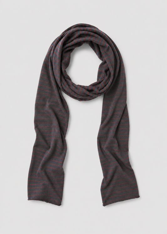 The Knit Scarf - Brown Grey Stripe is a lightweight knitted scarf with a dark base and subtle thin red horizontal stripes, displayed in a loose loop on a plain white background.