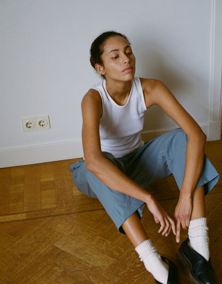 the ease trouser - blue green stripe | Deiji Studios