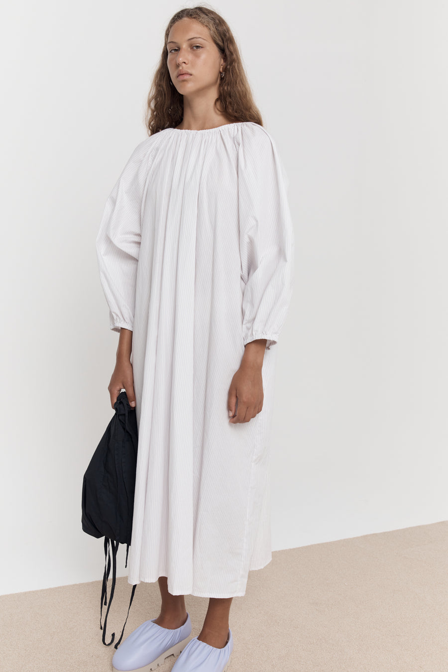 the gathered cotton dress - lavender stripe