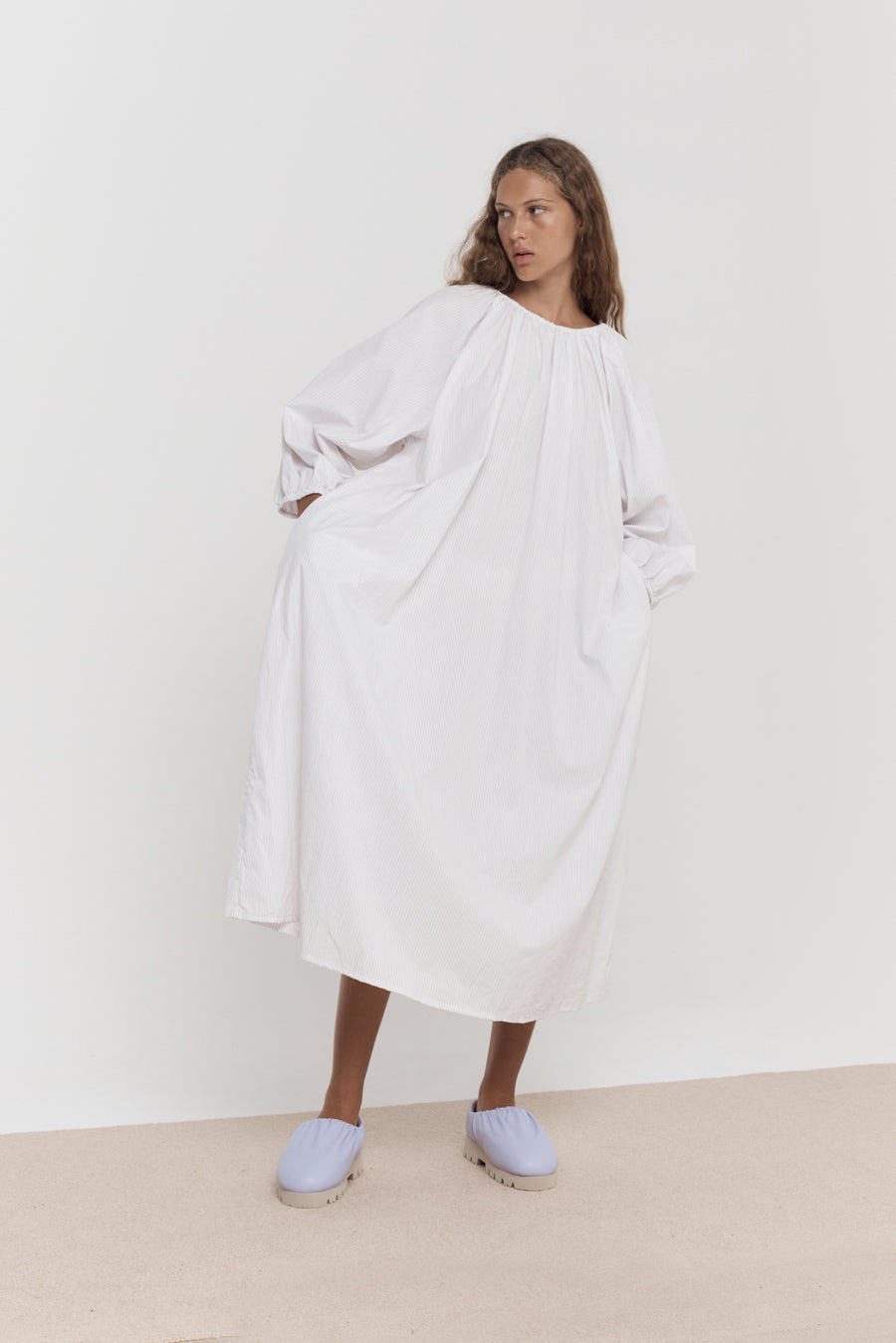 the gathered cotton dress - lavender stripe